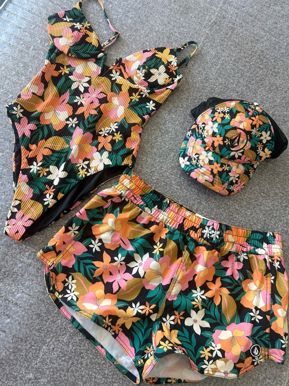 Volcom Black Floral Kids One-Piece Swimsuit with Matching Shorts & Cap